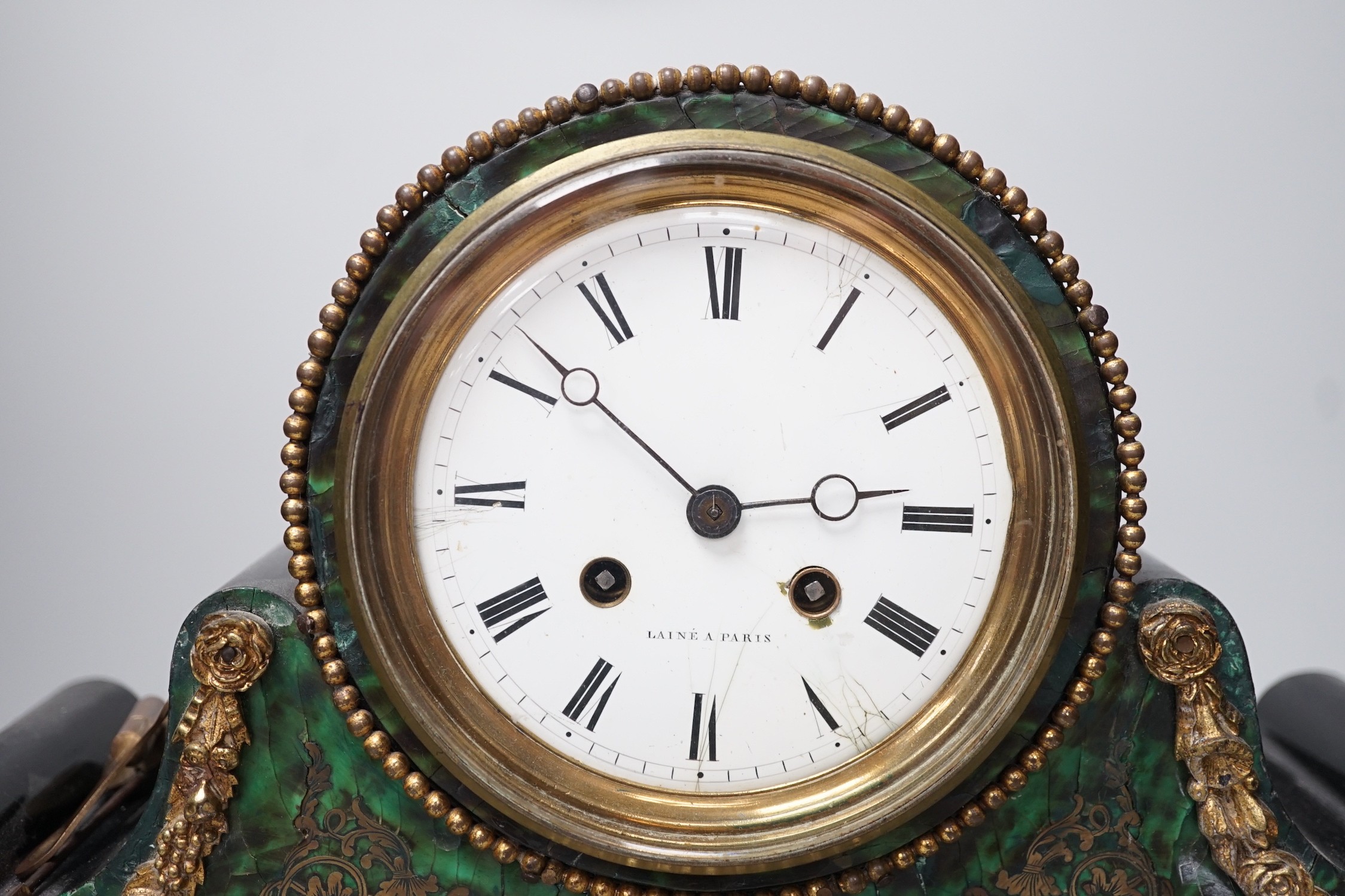 A 19th century French green Boulle work mantel clock. 41cm wide